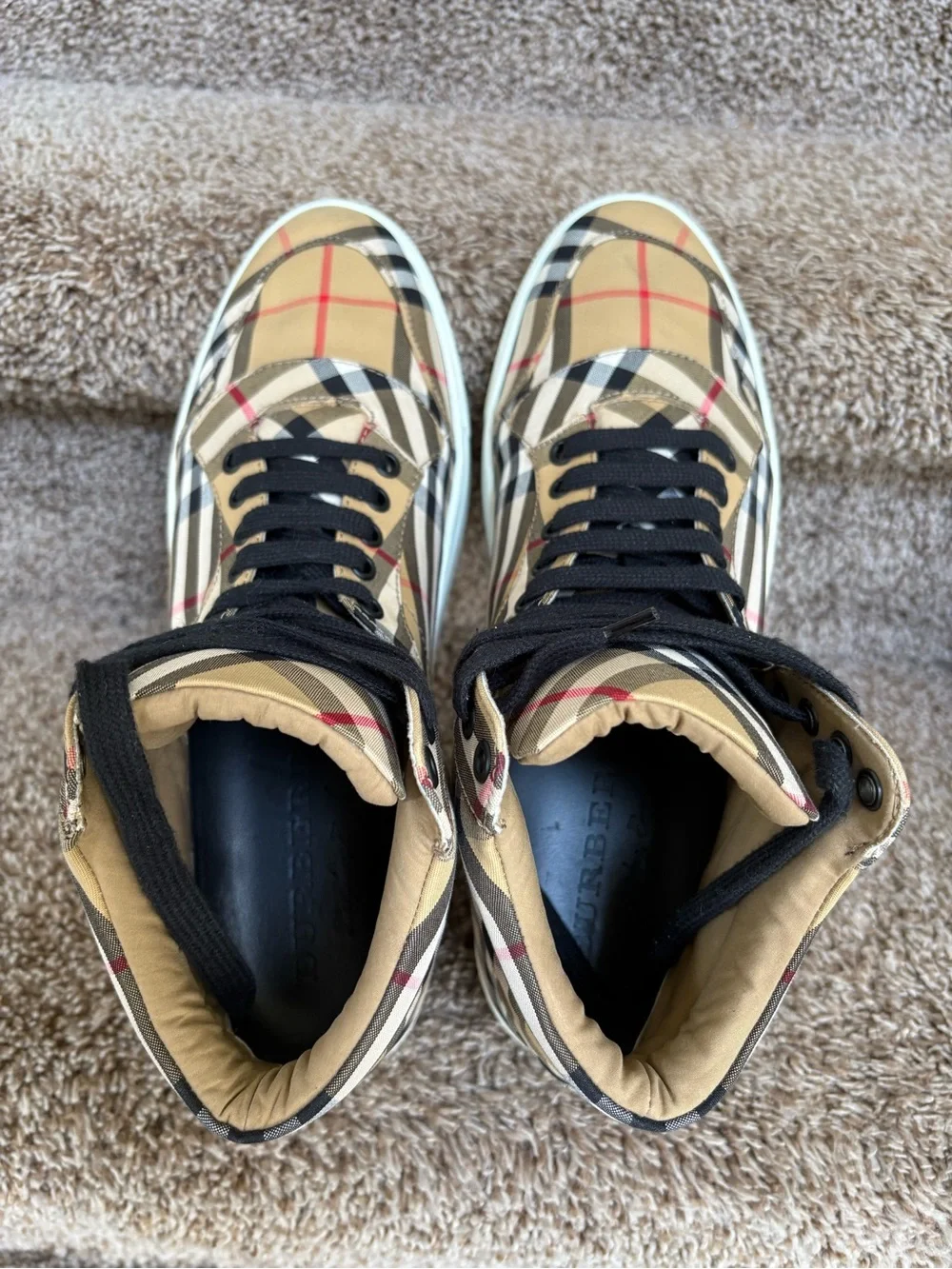 Burberry Men’s High-Top Nova Check Sneakers in Tan, Black, Red